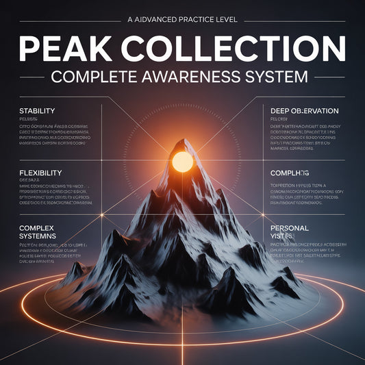 Mountain peak with digital interface elements and text on a dark background