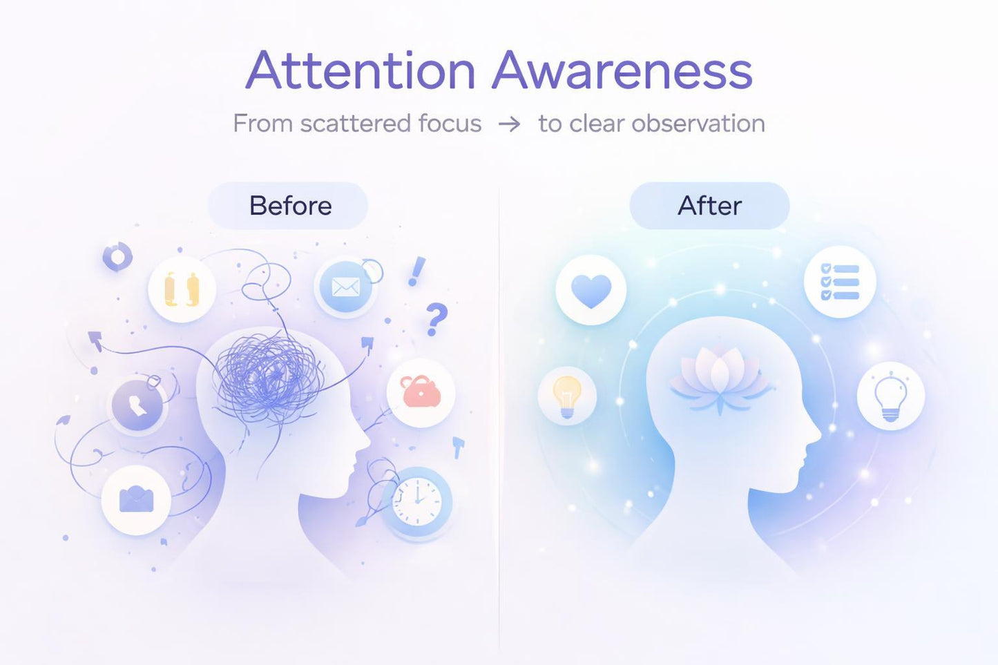 Diagram showing improvement in attention awareness from scattered focus to clear observation.