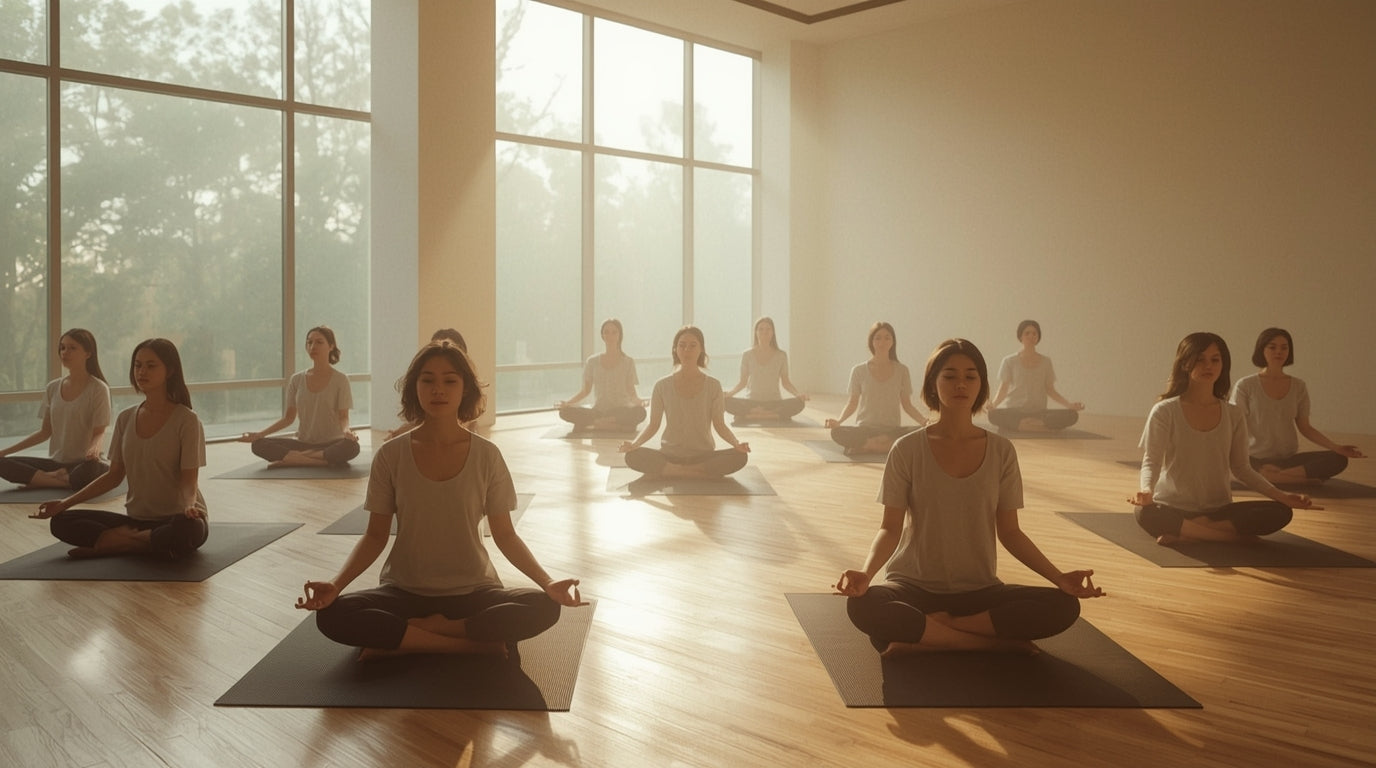 Group of people practicing yoga in a well-lit room with large windows.
