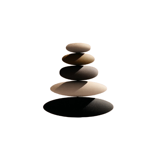 Stack of five stones in various shades of brown on a white background