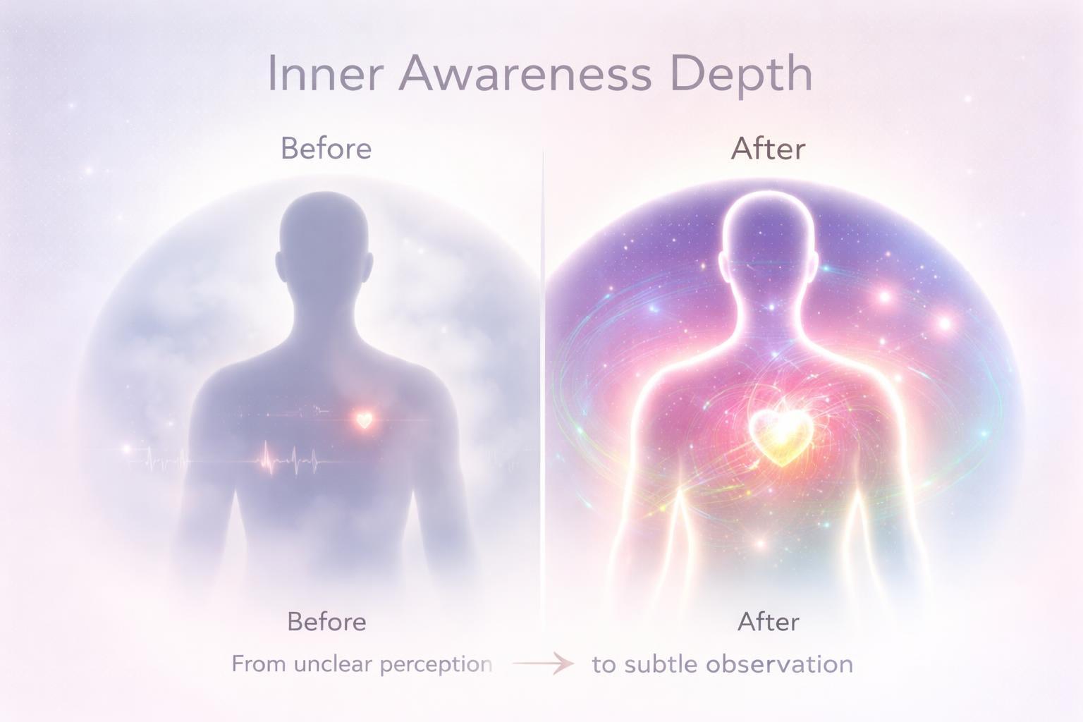Illustration of a person's inner awareness depth before and after a transformation, with glowing heart symbol.