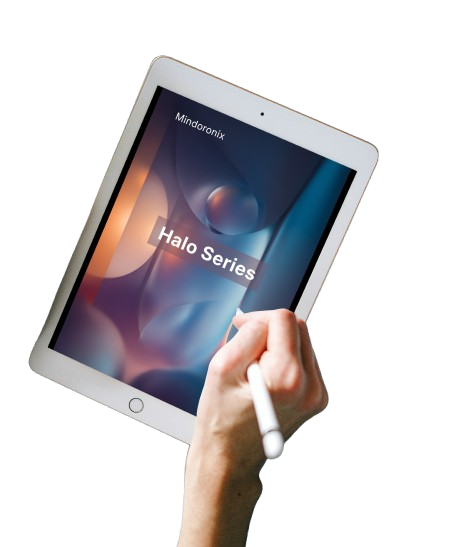 Hand holding a tablet with 'Mintorix Halo Series' displayed on the screen against a white background