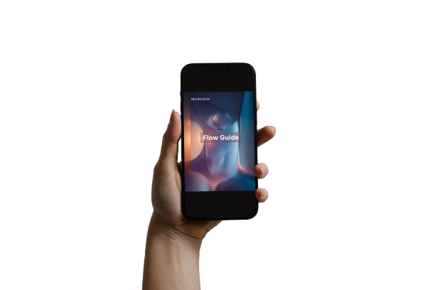 Hand holding a smartphone with 'Flow Guide' app displayed on a white background