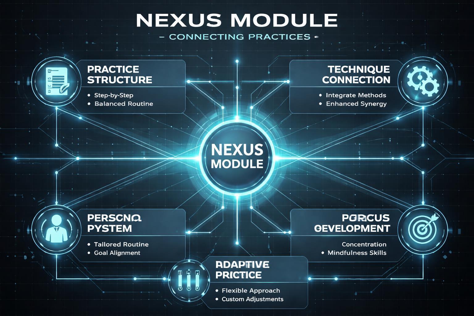 Nexus Module diagram with interconnected components on a dark background