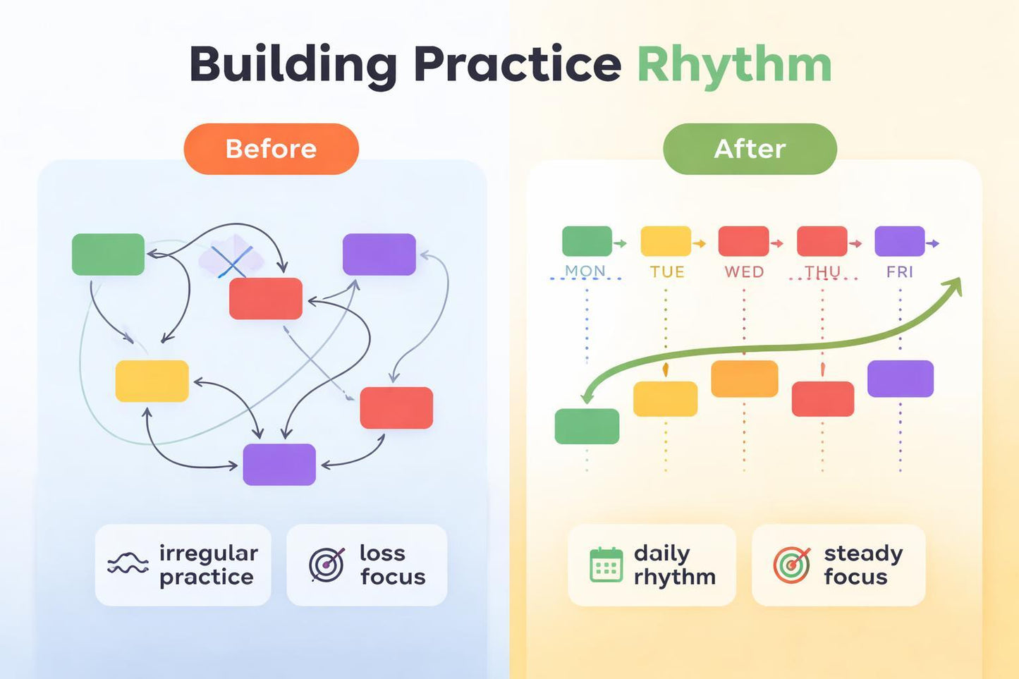 Comparison chart showing 'Before' and 'After' of building a practice rhythm with colorful icons and labels.
