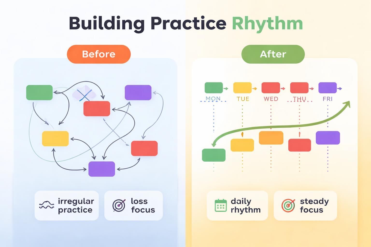 Comparison chart showing 'Before' and 'After' of building a practice rhythm with colorful icons and labels.